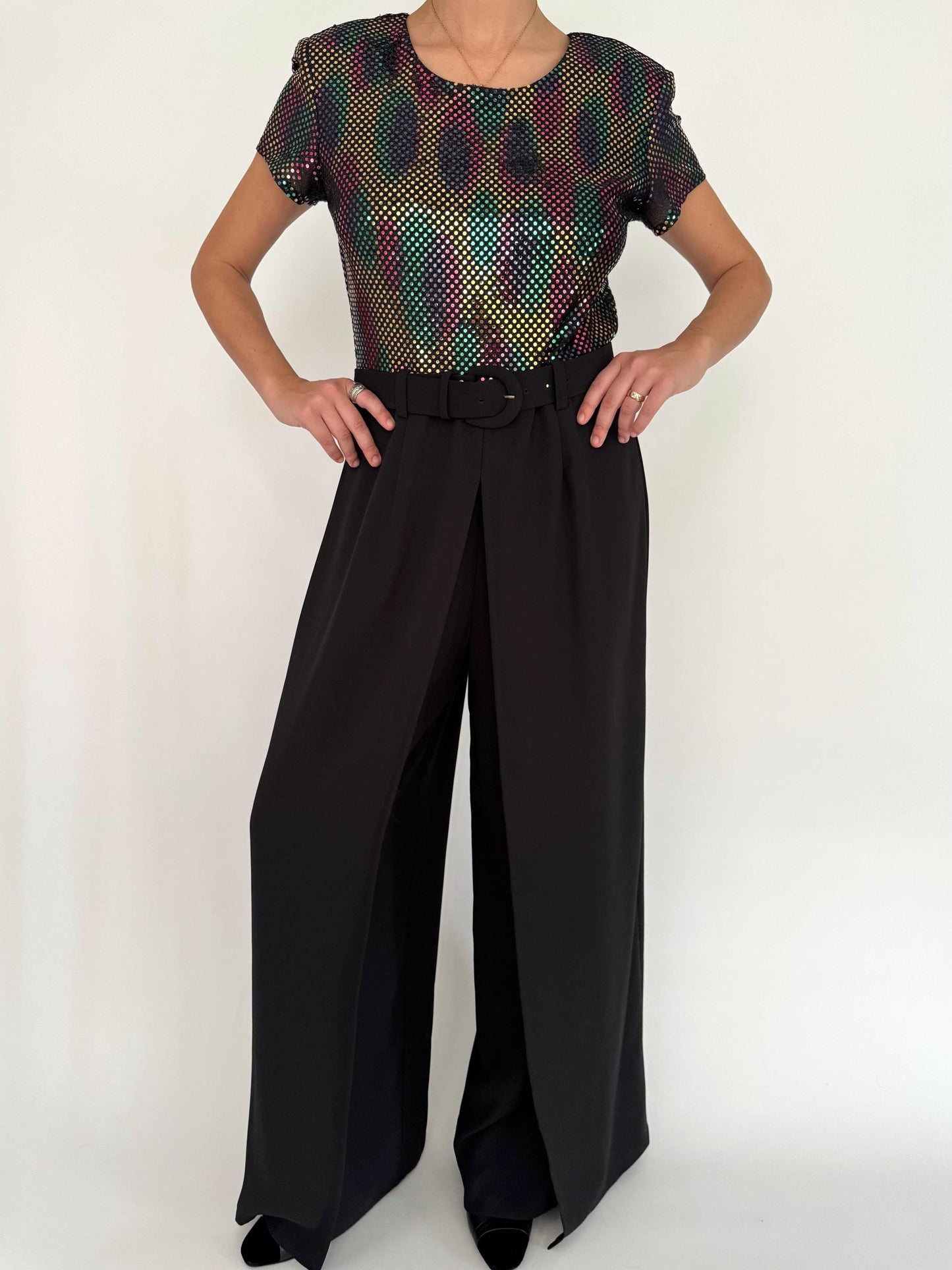 90s vintage black rainbow sequin wide leg palazzo jumpsuit 