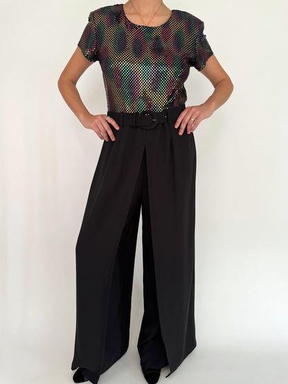 90s vintage black rainbow sequin wide leg palazzo jumpsuit 
