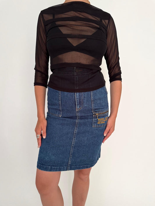 90s vintage black sheer mesh see through blouse – small | grunge rave club kid party mesh high neck shirt