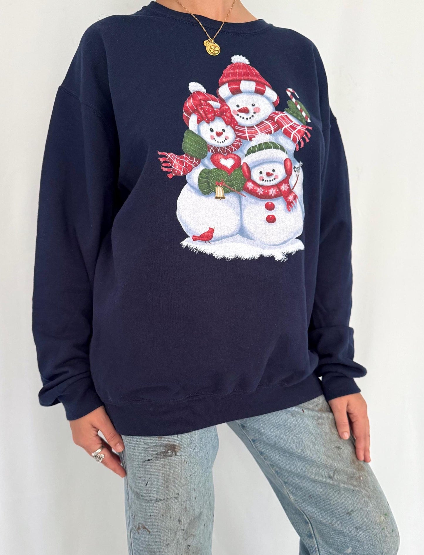 90s vintage blue holiday snowman winter graphic pullover sweatshirt – large
