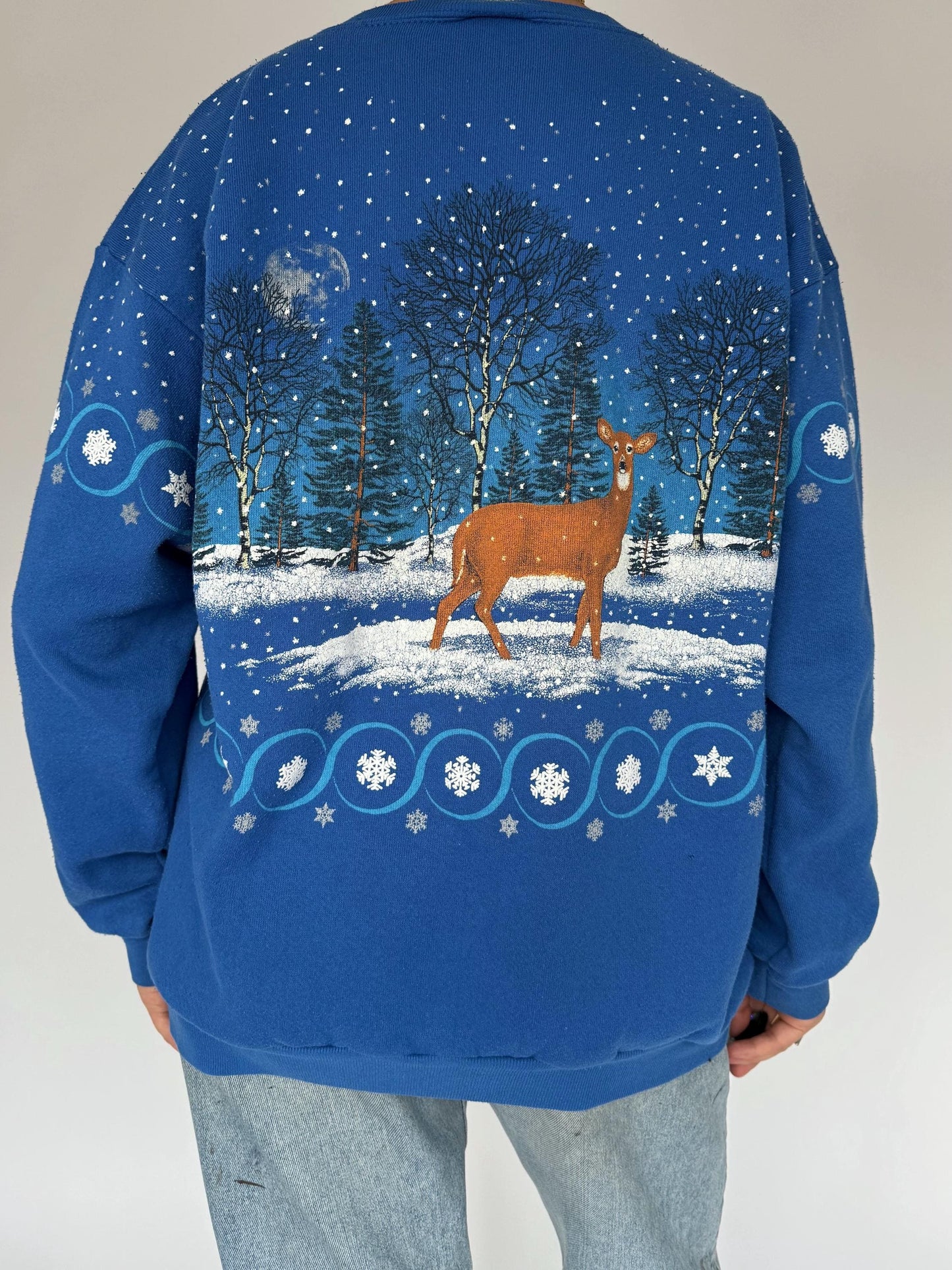 90s vintage blue animal deer nature graphic made in USA pullover sweater – large