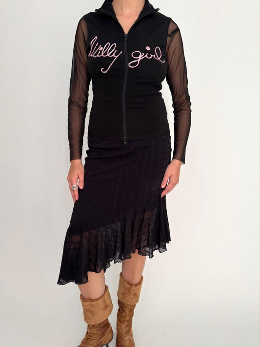 y2k vintage black sheer mesh sleeves zip up sweater