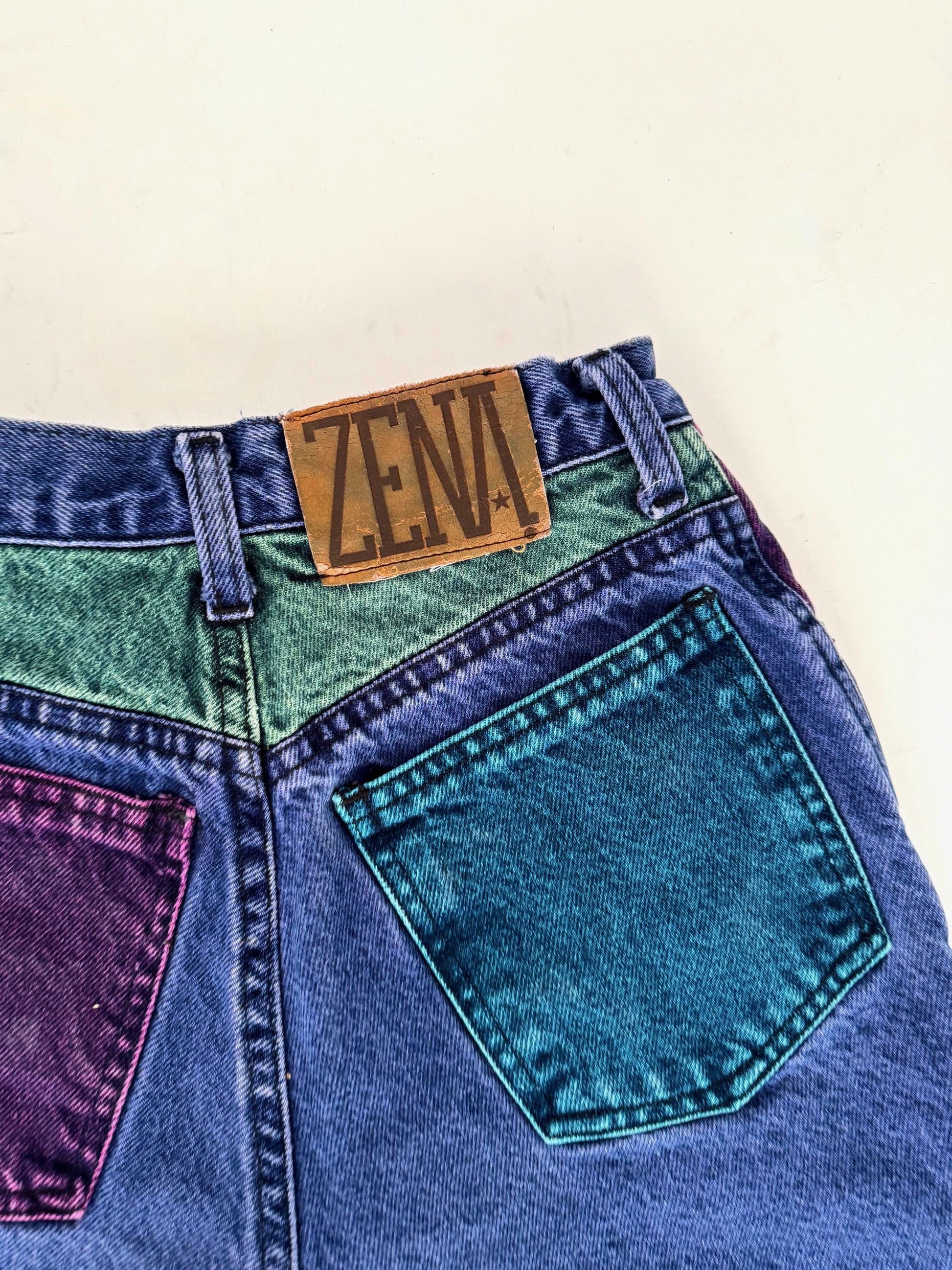 90s vintage colorblock mini denim shorts – XXS extra small 22" waist | ZENA high waist rise jean shorts