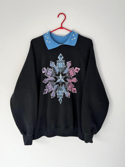 90s vintage black winter snowflake made in USA pullover sweatshirt – extra large