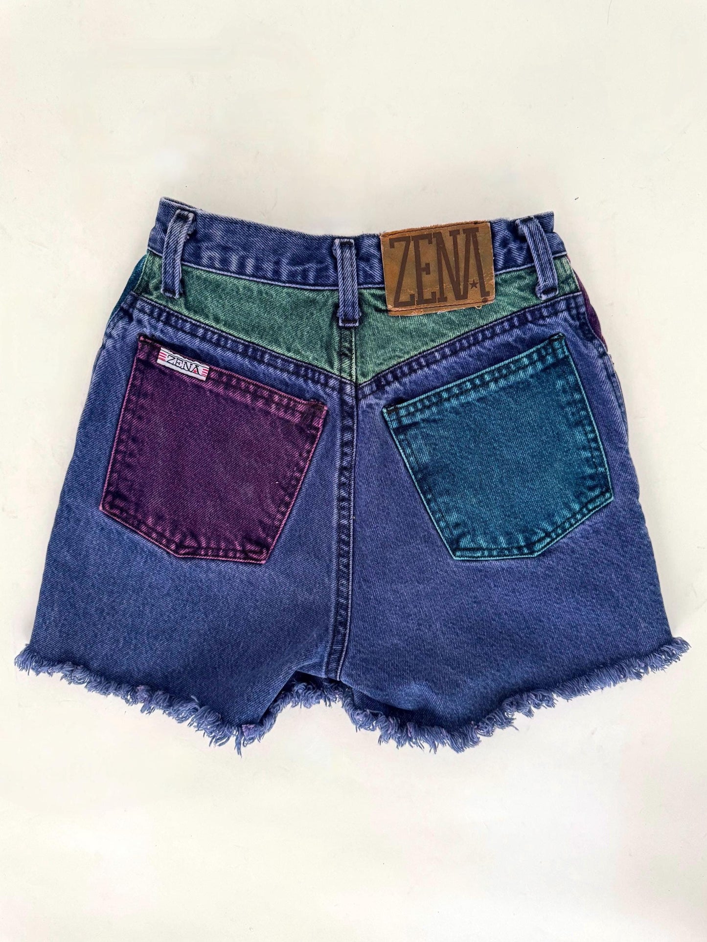 90s vintage colorblock mini denim shorts – XXS extra small 22" waist | ZENA high waist rise jean shorts