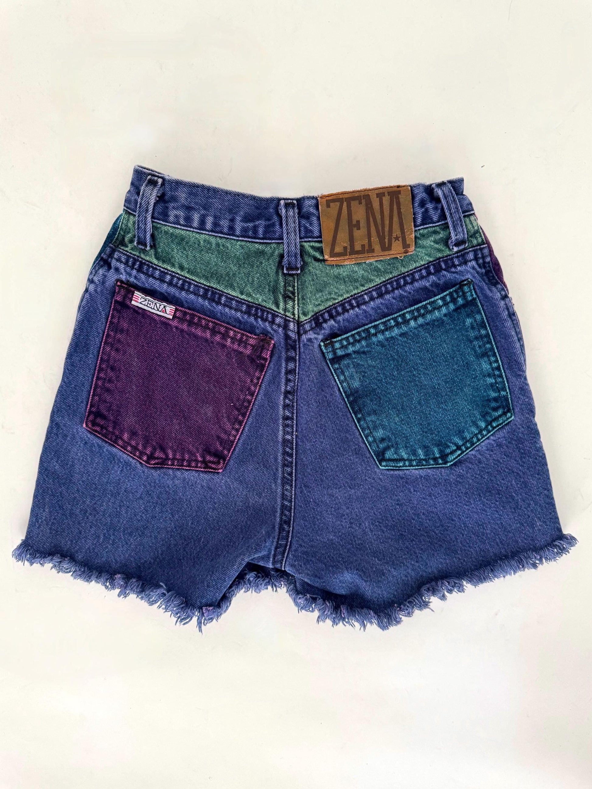 90s vintage colorblock mini denim shorts – XXS extra small 22" waist | ZENA high waist rise jean shorts