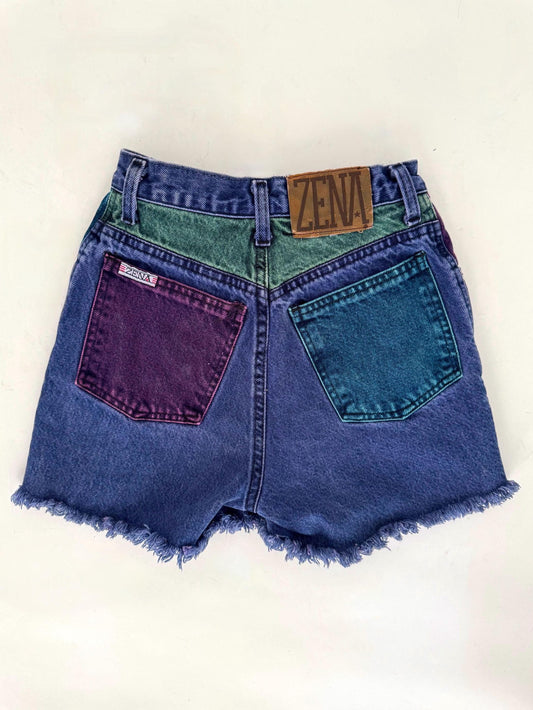 90s vintage colorblock mini denim shorts – XXS extra small 22" waist | ZENA high waist rise jean shorts