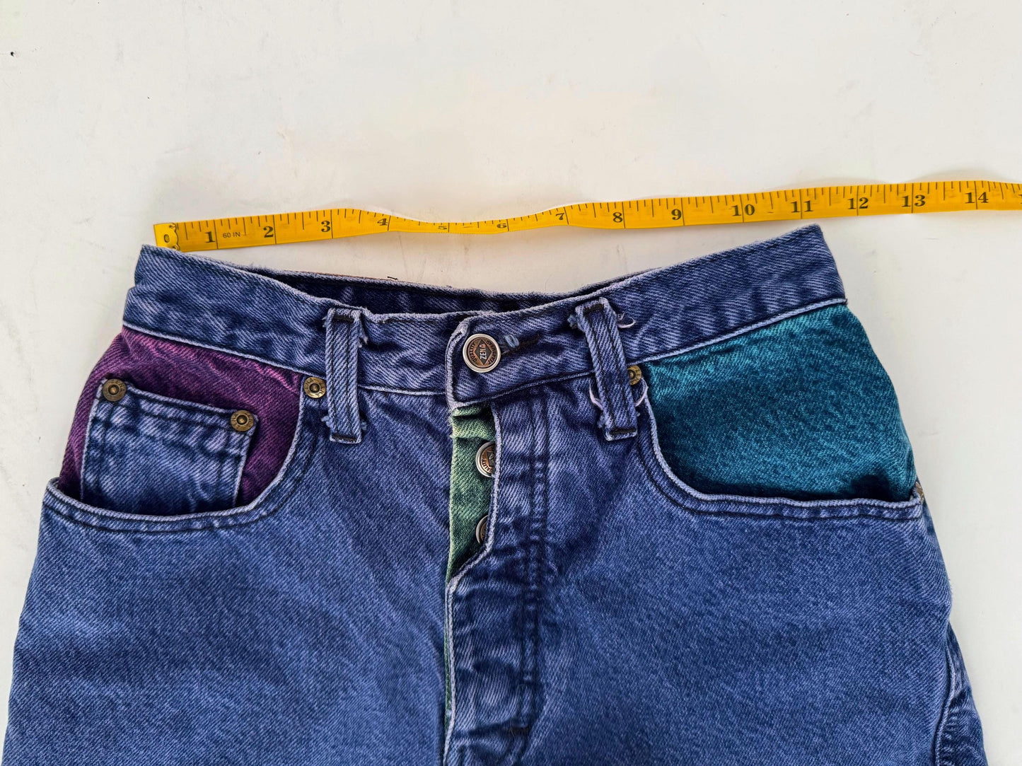 90s vintage colorblock mini denim shorts – XXS extra small 22" waist | ZENA high waist rise jean shorts