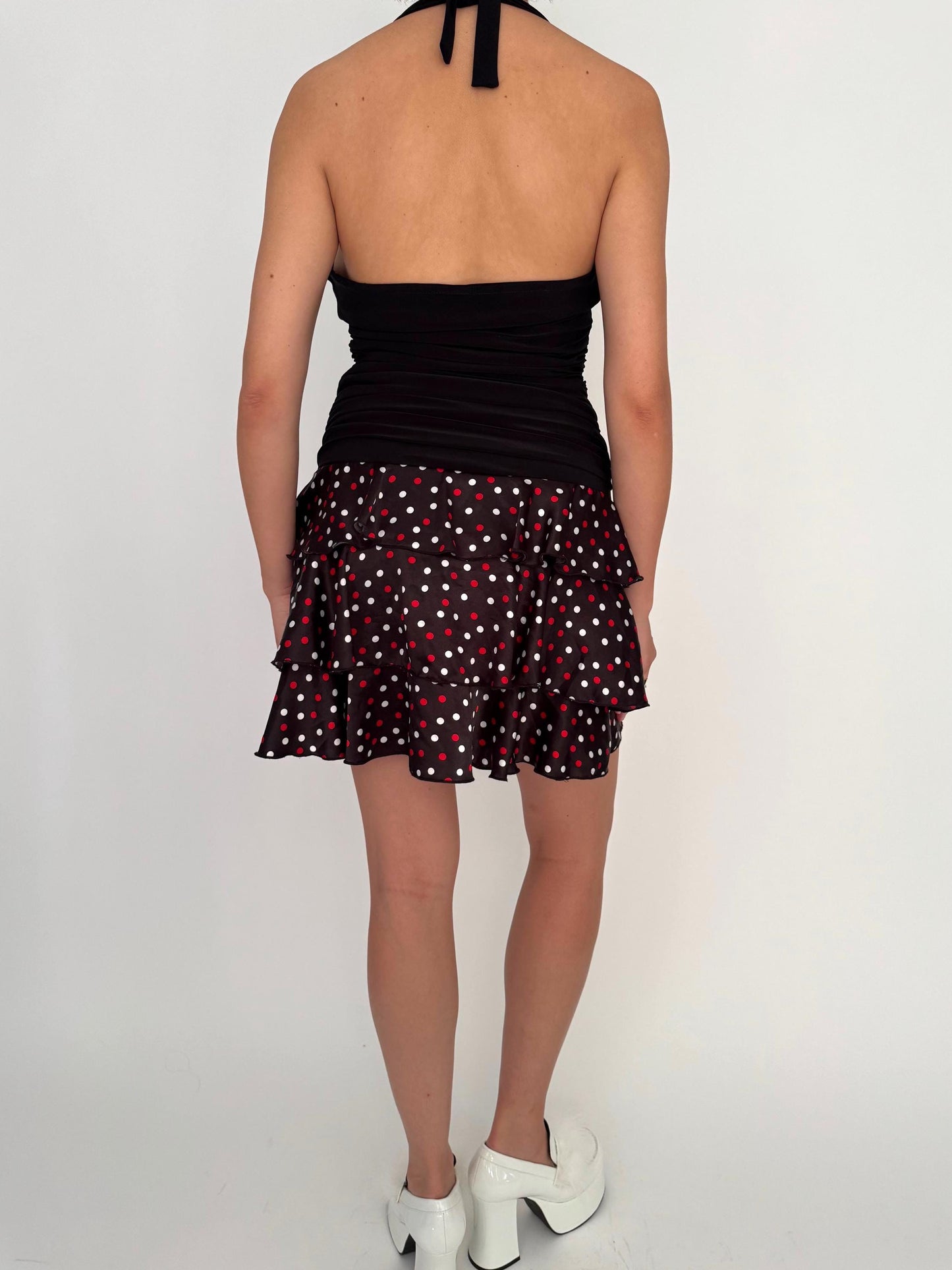 90s vintage black polka dot print short halter party dress – small | ruffled mini skirt cocktail dress