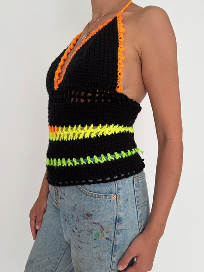 vintage black neon hand knit crochet halter tank top – medium large | festival backless crop top