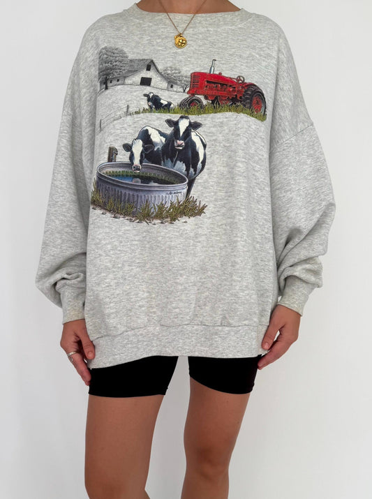 90s vintage grey cow animal outdoor farm graphic pullover sweatshirt