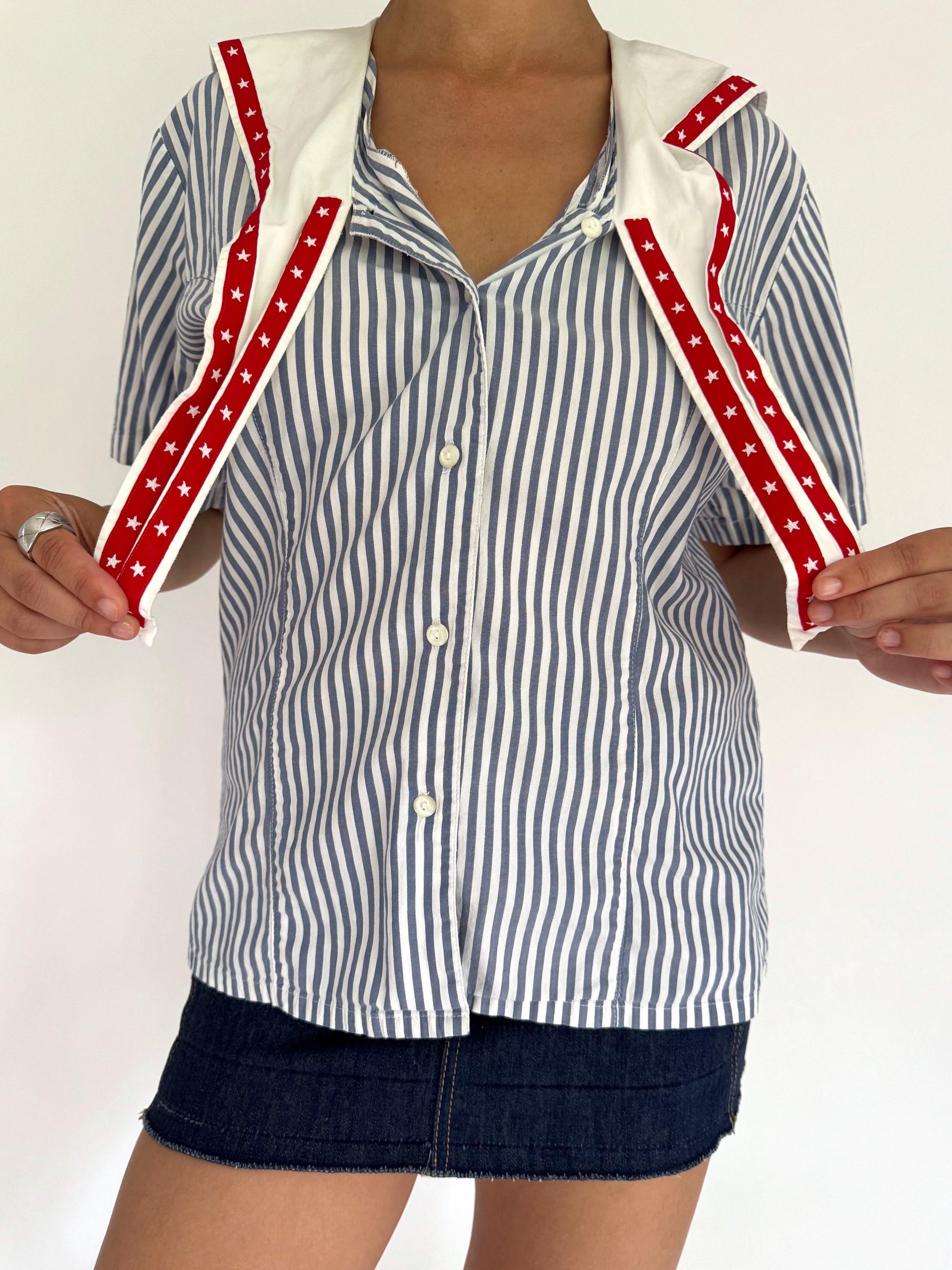 90s vintage striped nautical sailor collar button up blouse – small | novelty tie up front cotton shirt