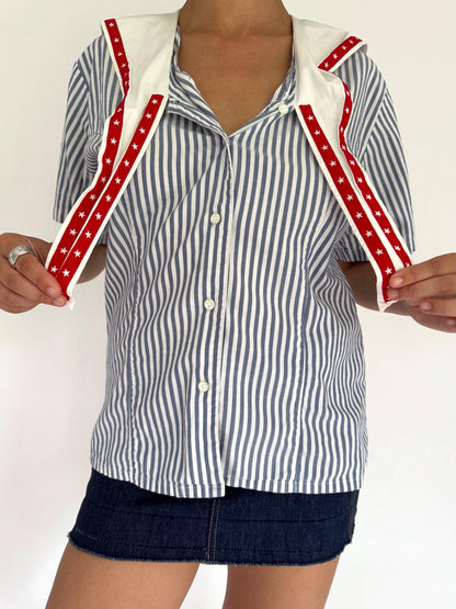 90s vintage striped nautical sailor collar button up blouse – small | novelty tie up front cotton shirt