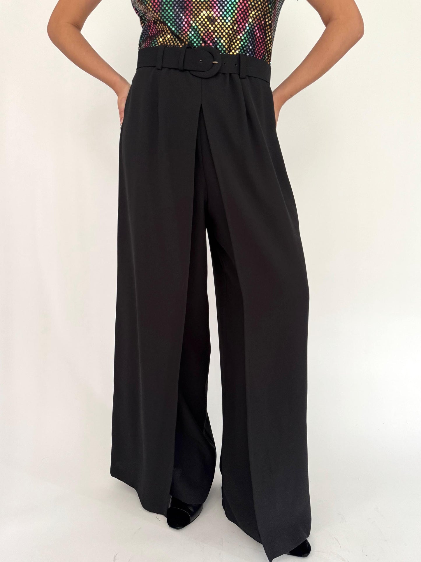 90s vintage black rainbow sequin wide leg palazzo jumpsuit - medium | made in Canada pantsuit