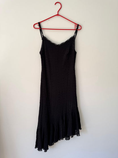 90s vintage black eyelet ruffled asymmetric midi dress – small | BHATTI Paris whimsigoth frilly dress