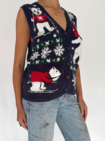 90s vintage navy blue skiing bears ugly christmas knit sweater vest – medium