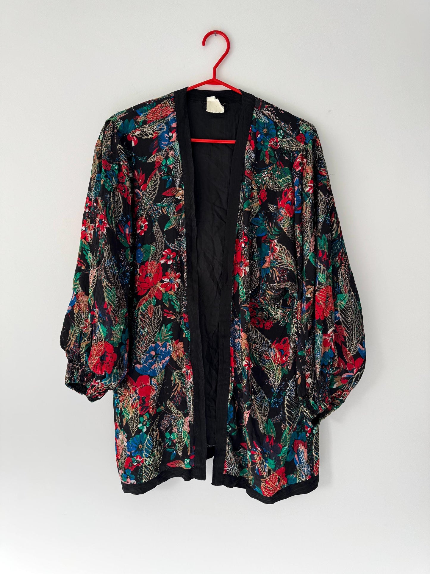 80s vintage abstract floral print light silk open front jacket