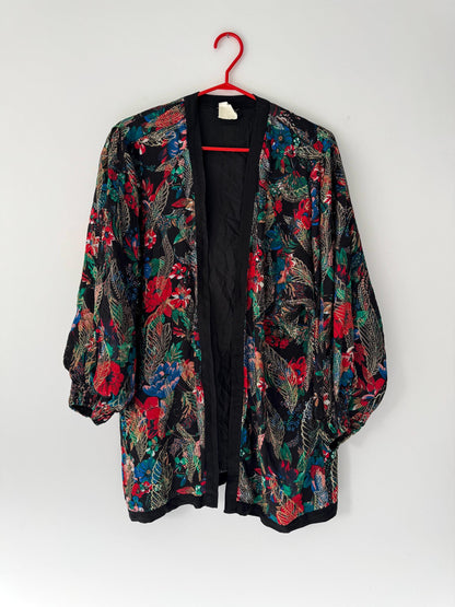 80s vintage abstract floral print light silk open front jacket