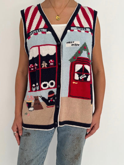 90s vintage multicolor novelty outdoor market store scene knit sweater vest