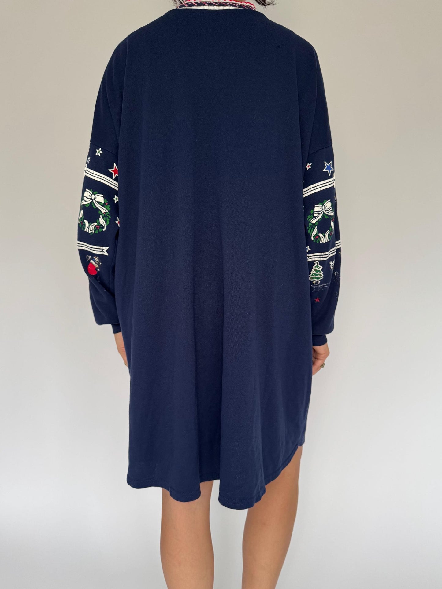 90s vintage navy blue holiday christmas graphic long sleeved pajama dress – large