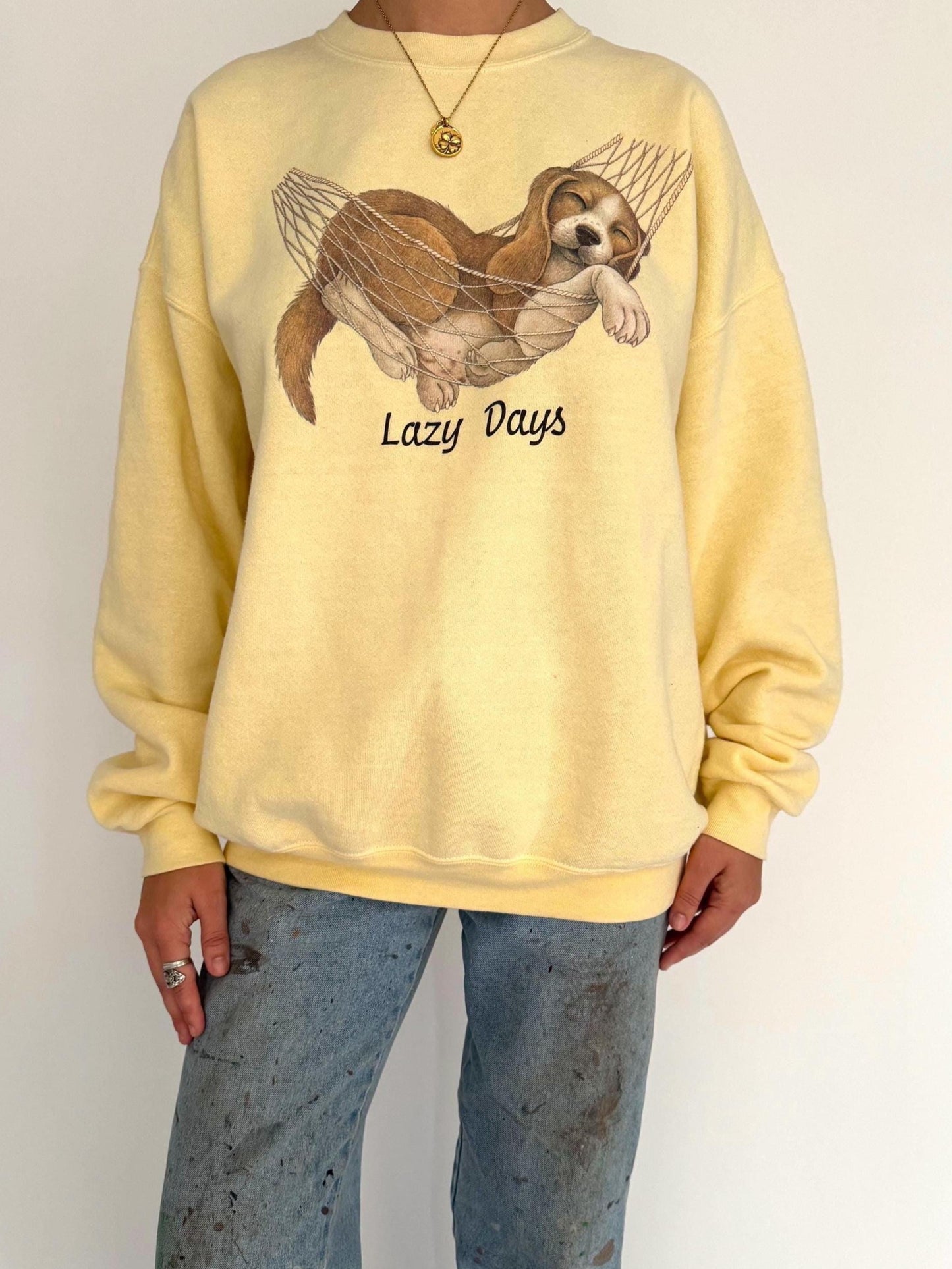 90s vintage yellow Lazy Days puppy animal graphic pullover sweatshirt | cotton crewneck sweater
