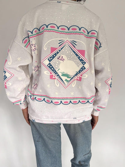 90s vintage seal animal print snowy winter graphic pullover sweatshirt – small, medium