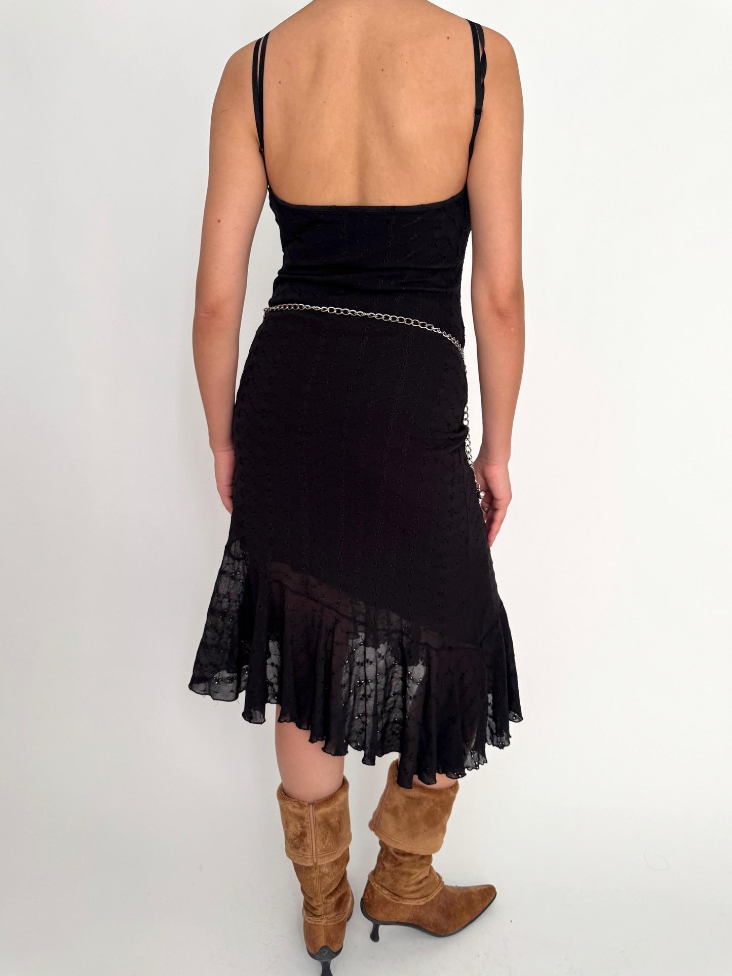 90s vintage black eyelet ruffled asymmetric midi dress – small | BHATTI Paris whimsigoth frilly dress