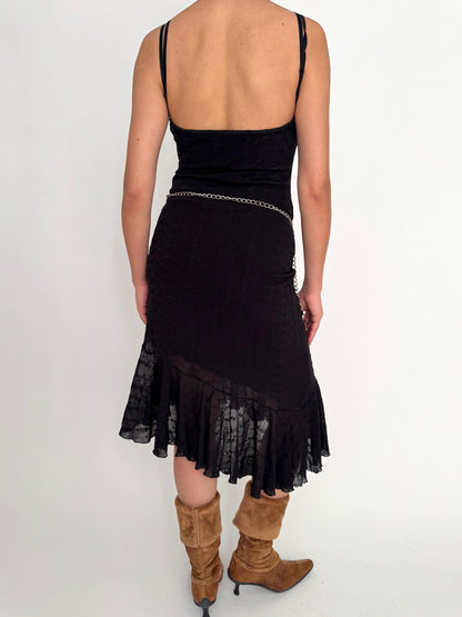 90s vintage black eyelet ruffled asymmetric midi dress – small | BHATTI Paris whimsigoth frilly dress