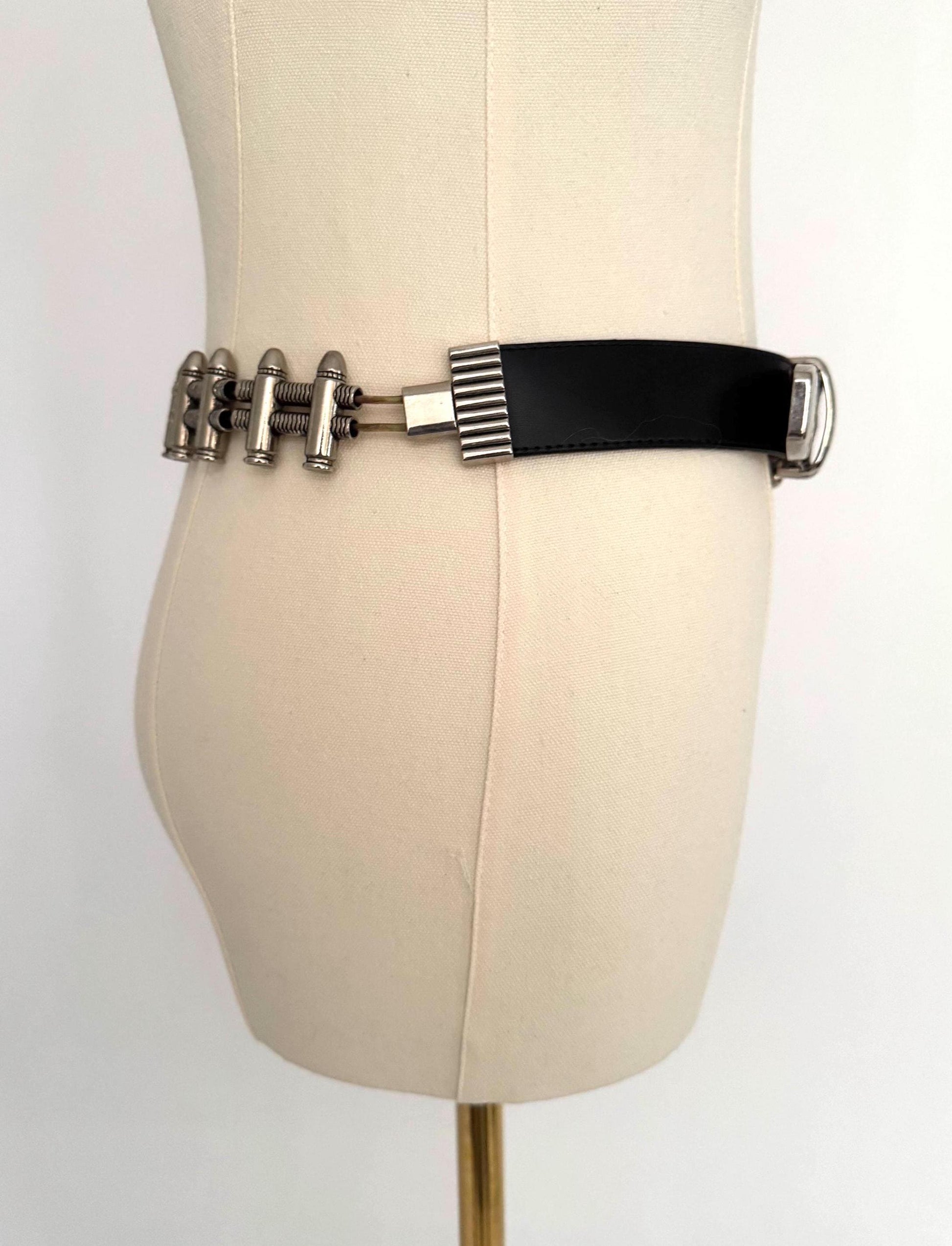 90s vintage bullet silver buckle black leather wide belt