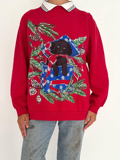 90s vintage red christmas tree dog puppy graphic pullover sweatshirt – medium