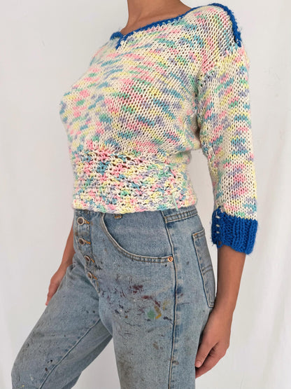 vintage colorful rainbow hand knit cropped sweater 