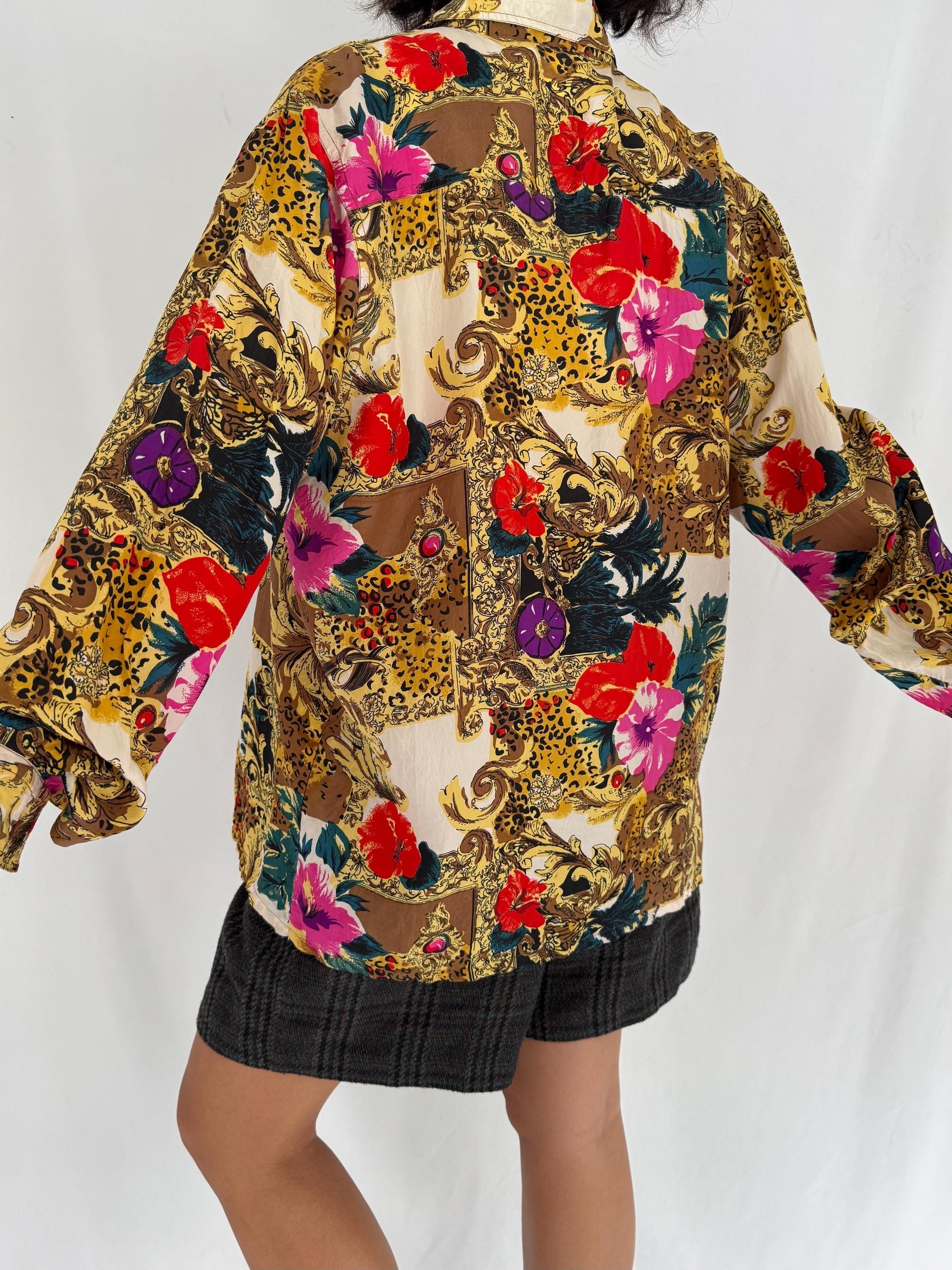 80s vintage multicolor baroque abstract print pure silk button up blouse
