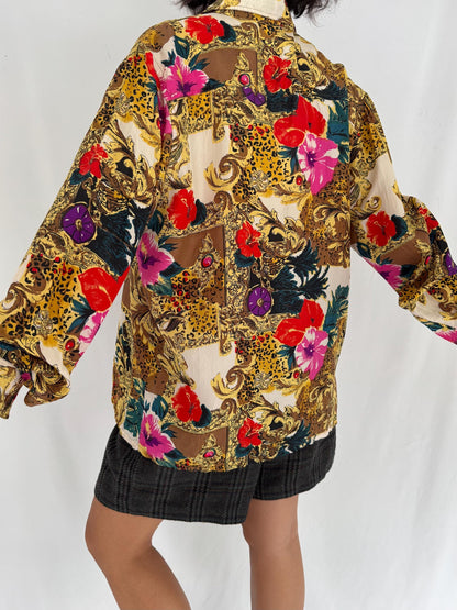 80s vintage multicolor baroque abstract print pure silk button up blouse