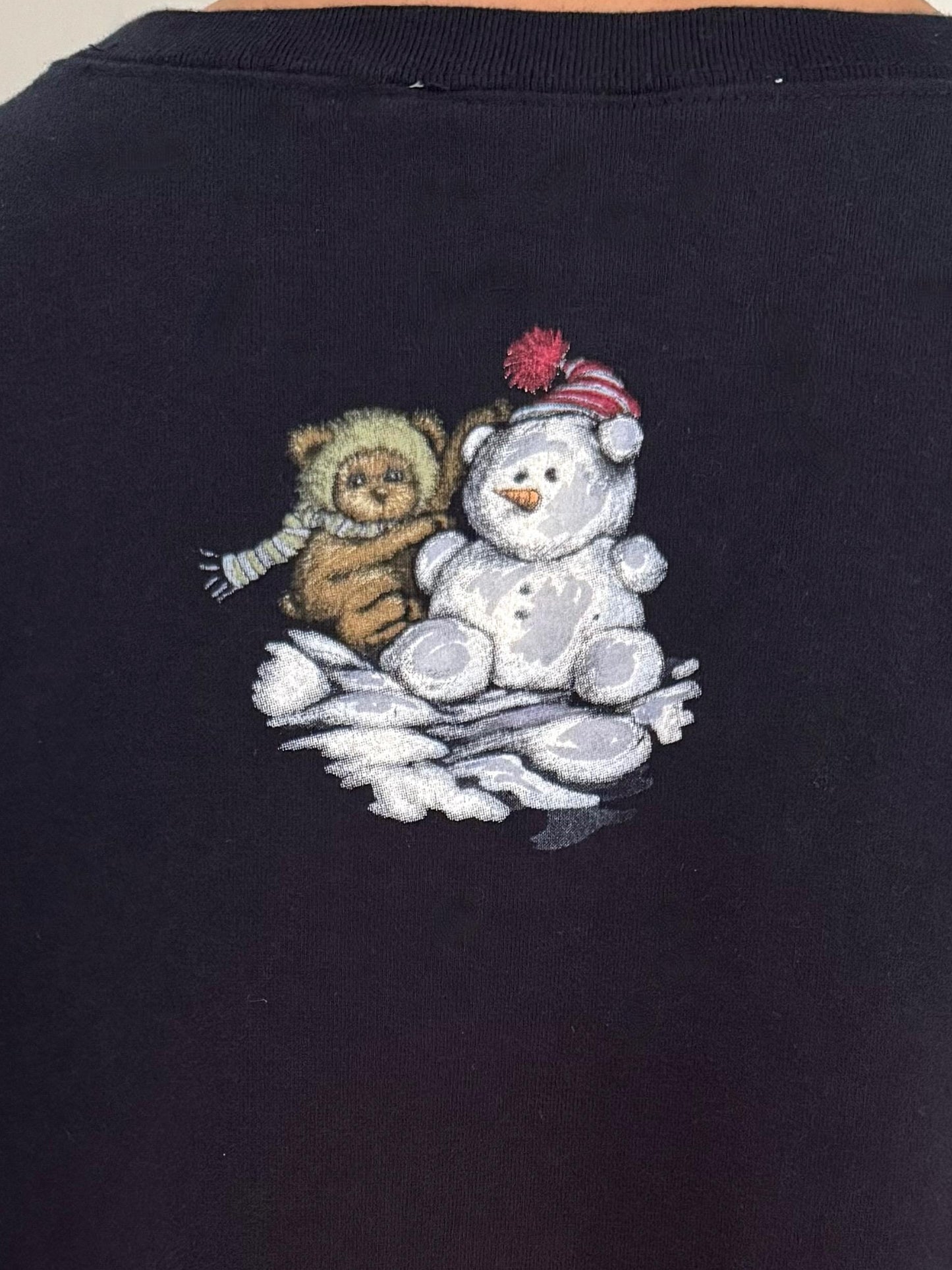 90s vintage blue teddy bear winter sleigh graphic pullover sweatshirt – medium