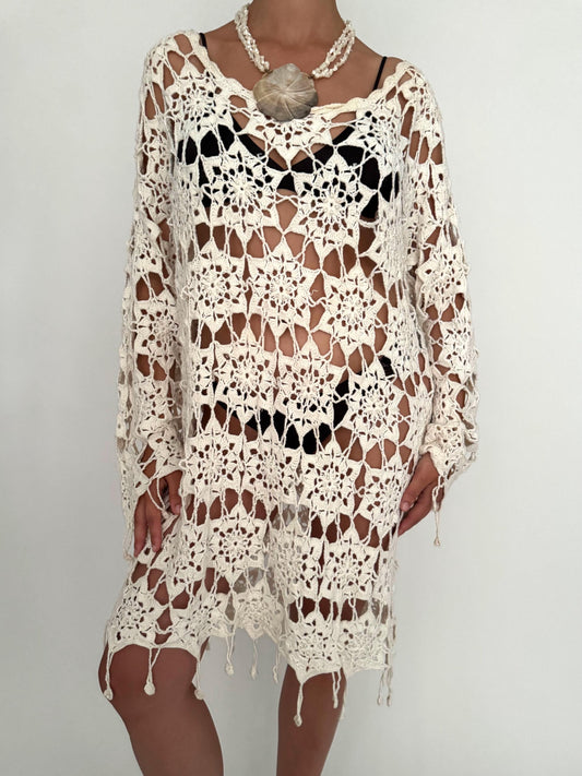 90s vintage cream crochet floral open knit midi dress – large | boho hippy fringed vacation cover up