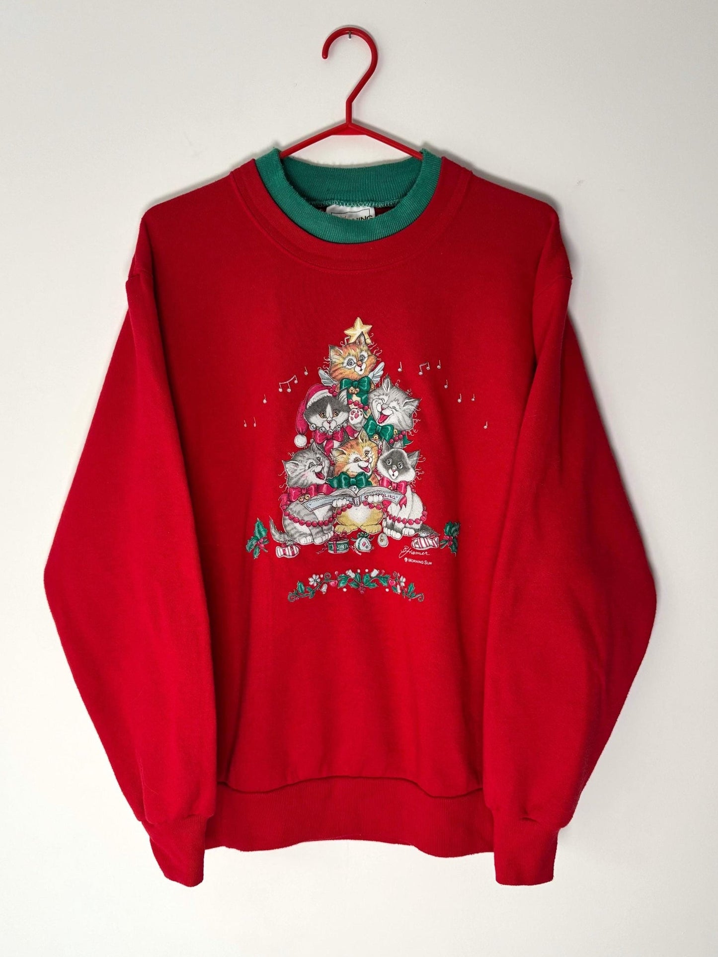 90s vintage red kittens cat christmas carols graphic pullover sweatshirt – medium