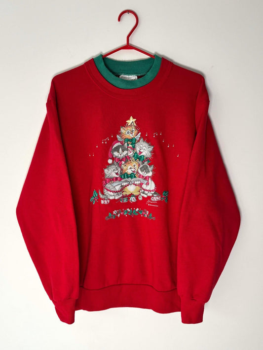 90s vintage red kittens cat christmas carols graphic pullover sweatshirt – medium