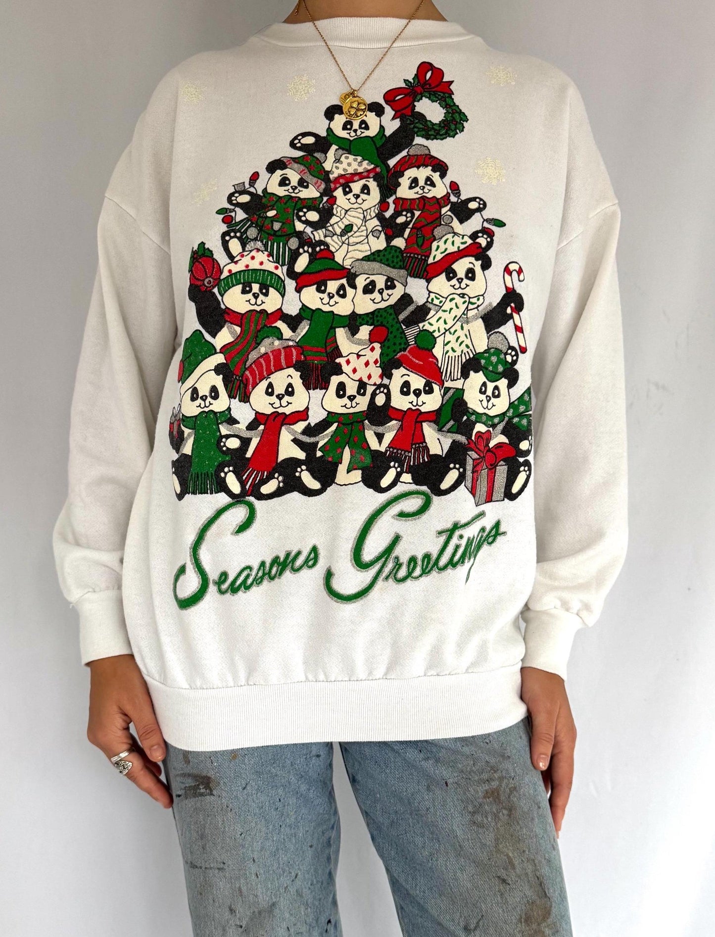 80s vintage white panda christmas tree graphic pullover sweater – medium