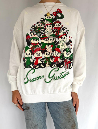 80s vintage white panda christmas tree graphic pullover sweater – medium