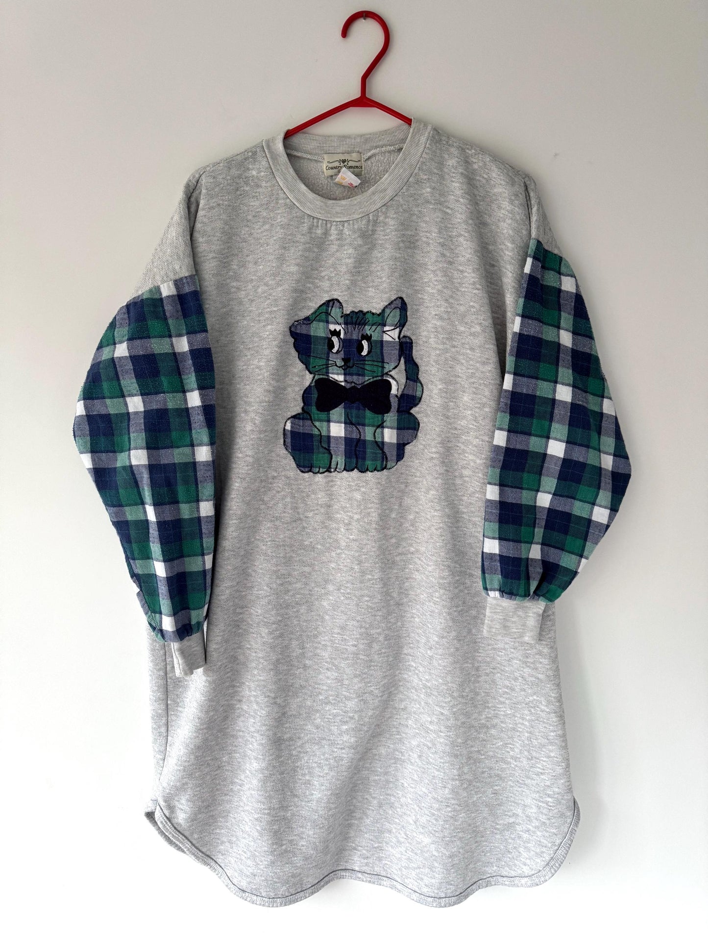 90s vintage plaid flannel cat long sleeved fleece pajama dress – large