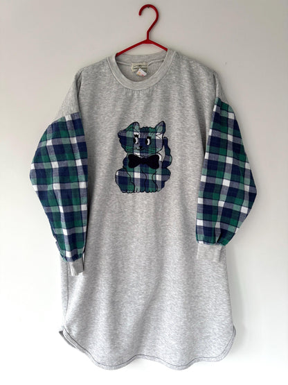90s vintage plaid flannel cat long sleeved fleece pajama dress – large