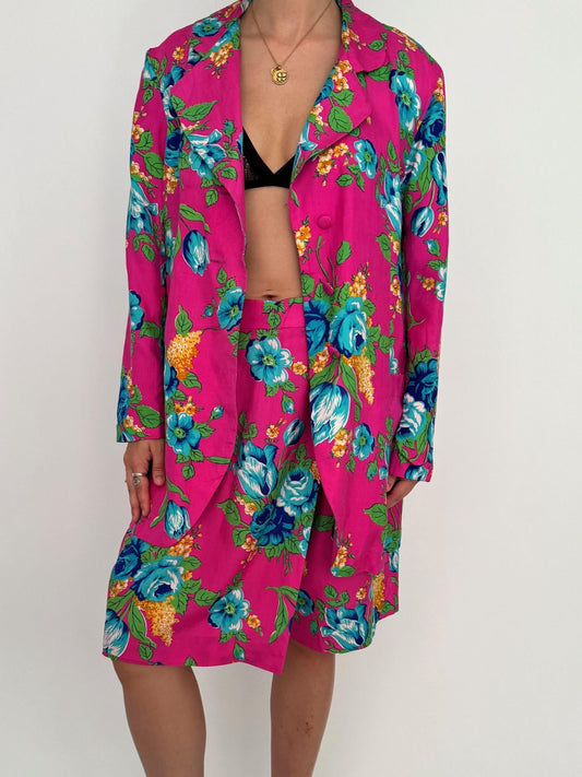 90s vintage pink floral print silk blazer skort matching set – large | retro two piece coord set