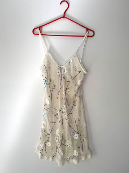 vintage cream floral embroidered lace trim sheer slip dress - medium | made in Spain chemise nightgown