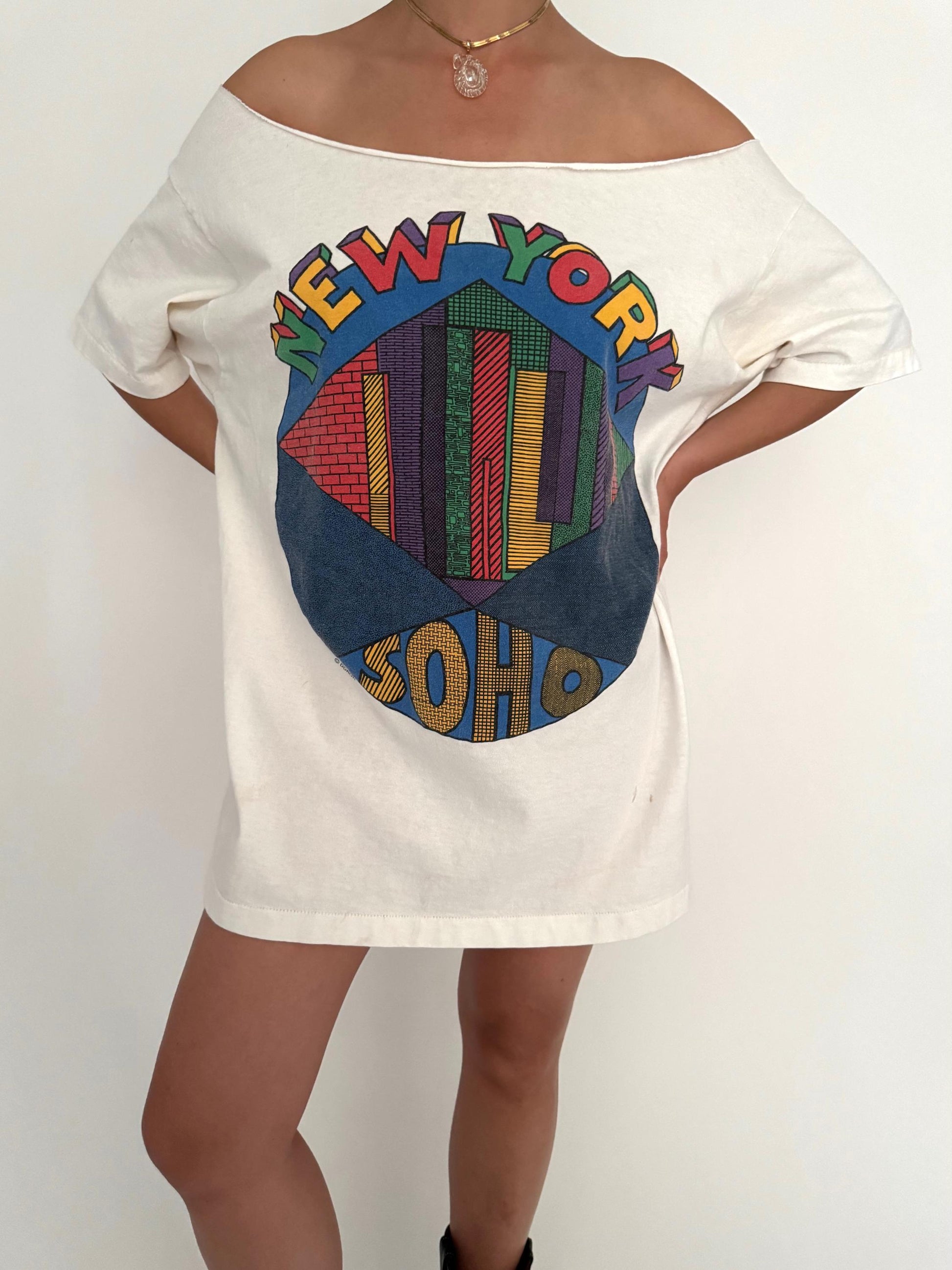 90s vintage new york rainbow graphic tshirt dress – one size | retro reworked off shoulder cotton top
