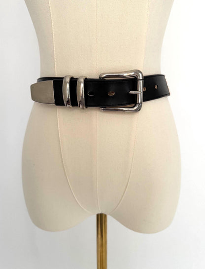 90s vintage bullet silver buckle black leather wide belt