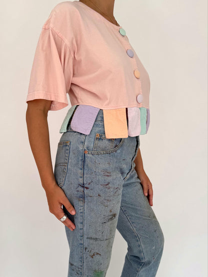 vintage pink pastel cotton button up crop top – small medium | retro clown short sleeved cropped shirt