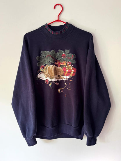 90s vintage navy blue christmas dog puppy graphic pullover sweatshirt – large