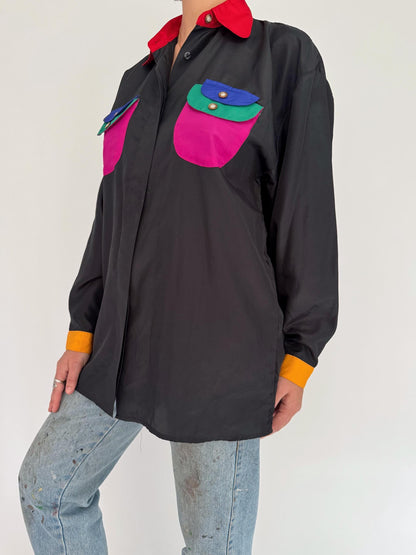 90s vintage black rainbow colorblock collared button up blouse