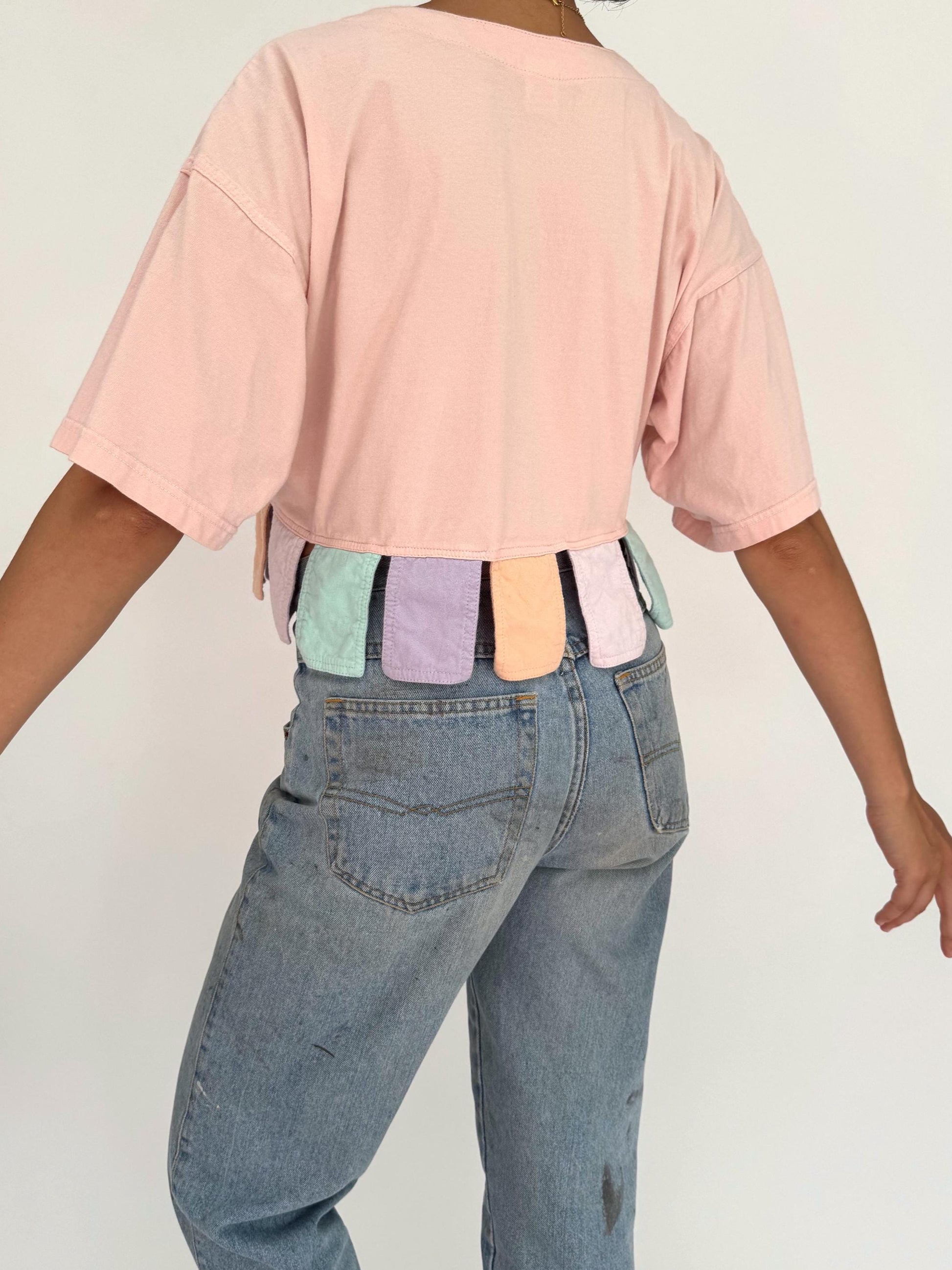 vintage pink pastel cotton button up crop top – small medium | retro clown short sleeved cropped shirt