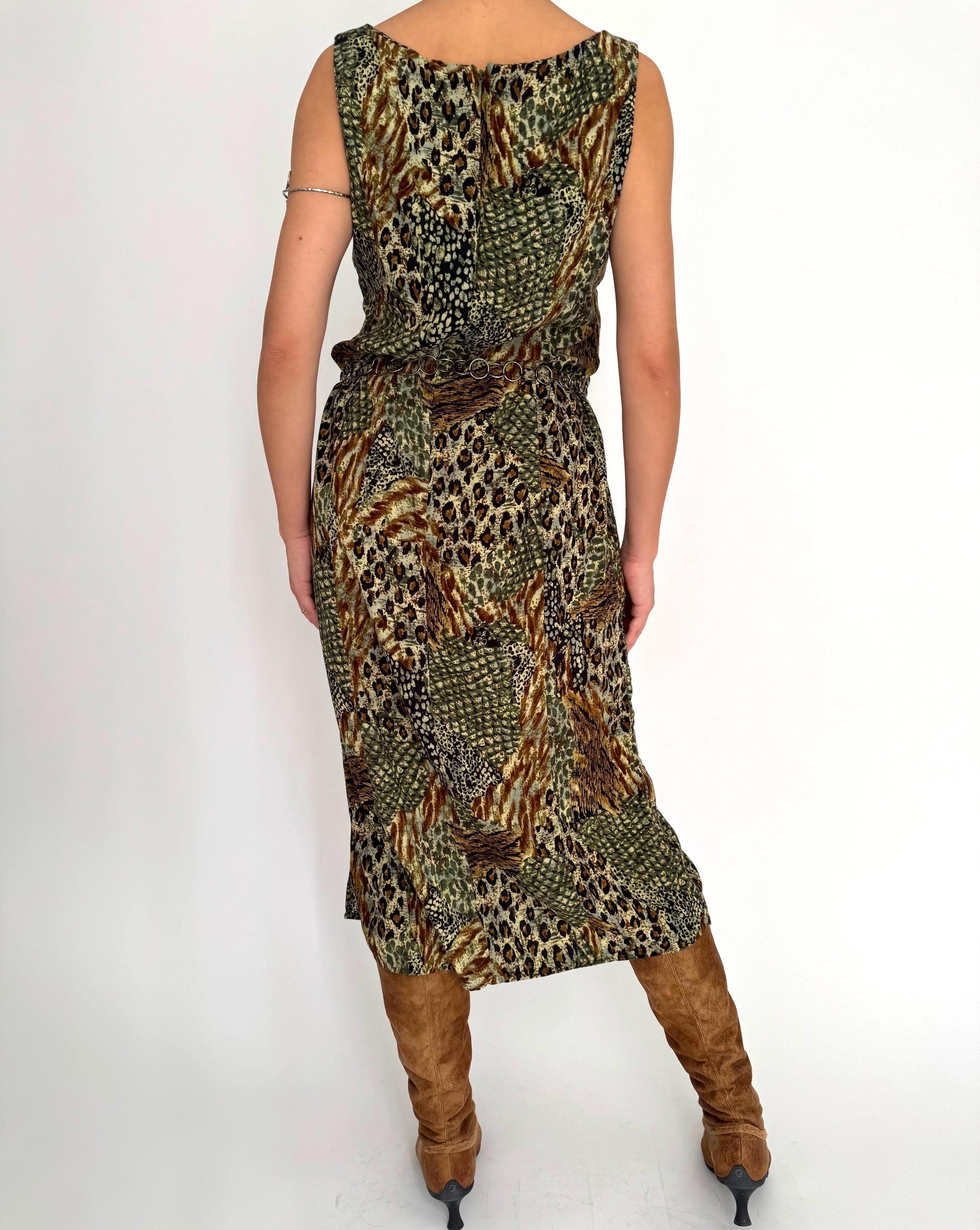 90s vintage green animal print fairy grunge sleeveless midi maxi shift dress – medium large | fairycore boho earthy patchwork long sundress